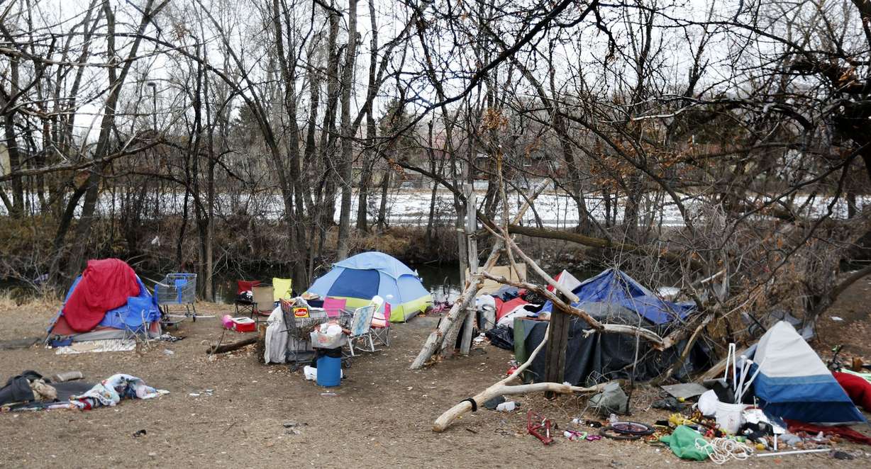 A homeless camp along the Jordan River in Salt Lake City is pictured on Thursday, Jan. 28, 2021.