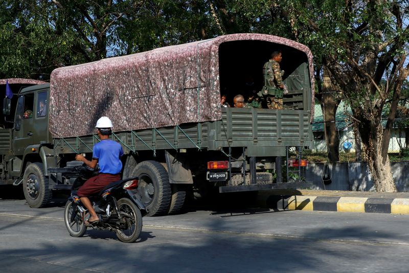 Myanmar's military checkpoint is seen on the way to the congress compound in Naypyitaw, Myanmar, February 1, 2021. REUTERS/Stringer