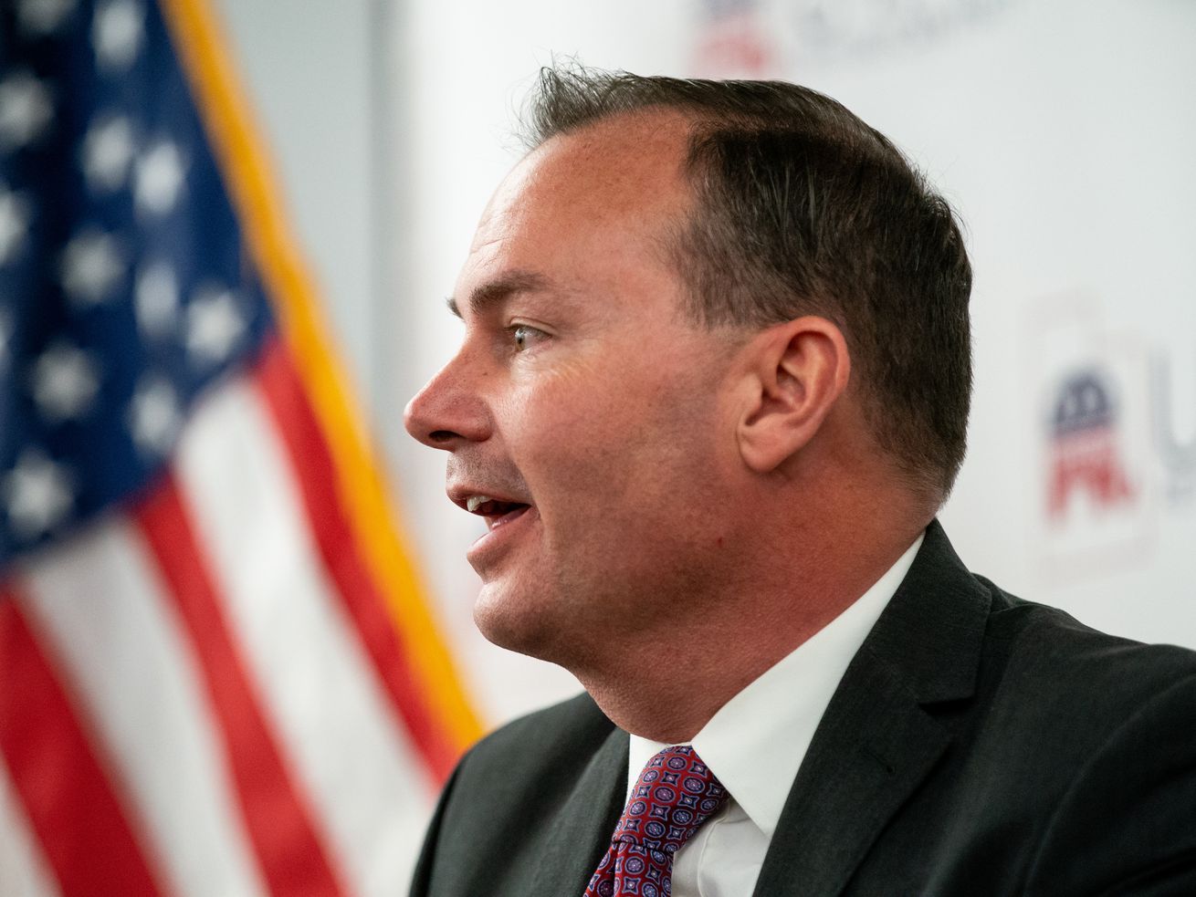 Sen. Mike Lee, R-Utah, speaks during an election night
event for Republican candidates in at the Utah Association of
Realtors building in Sandy on Tuesday, Nov. 3, 2020.