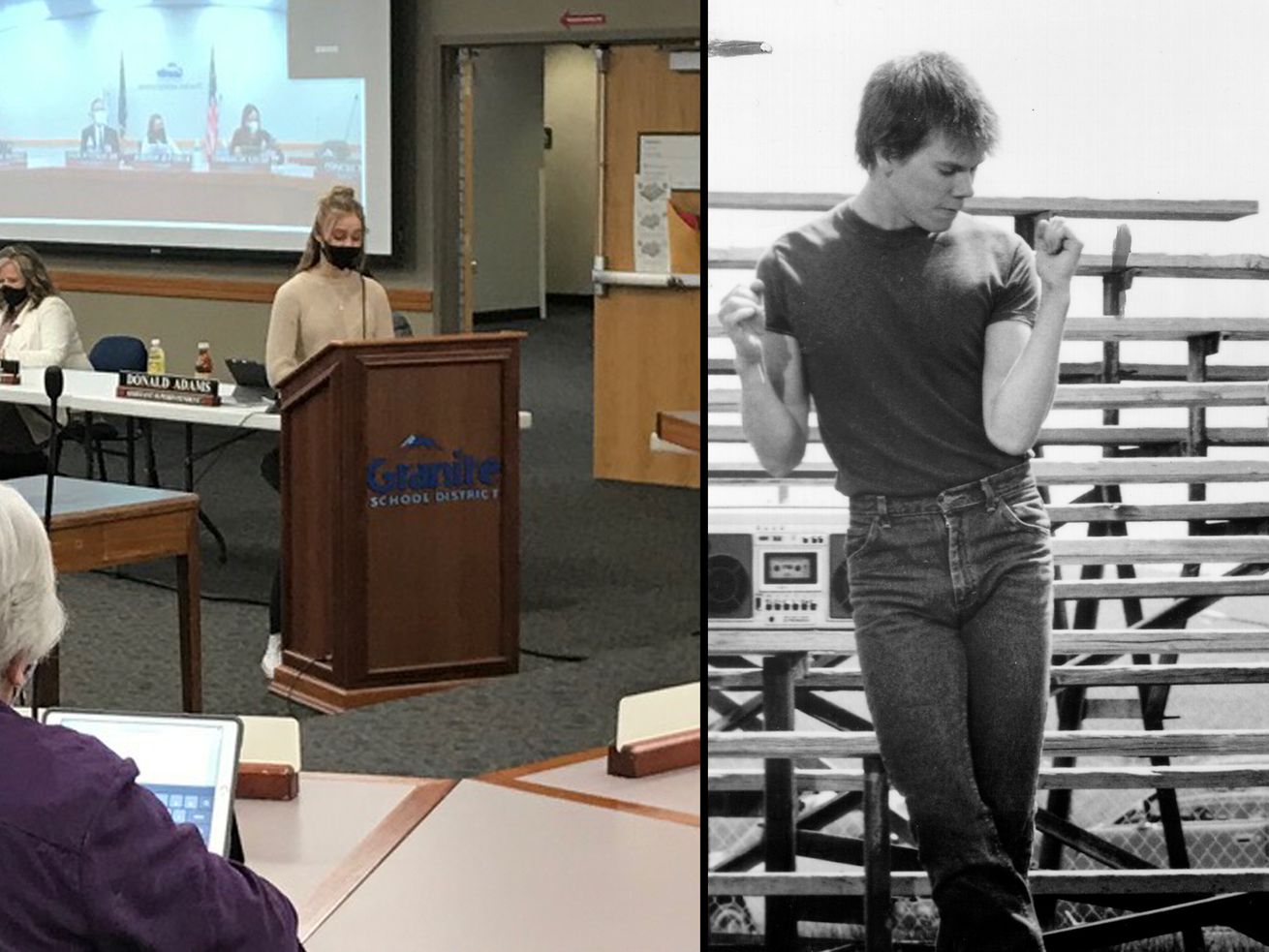 Taylorsville High School junior Caitlin Bone, left, is
pictured at a Granite School Board meeting on Tuesday, Feb. 2,
2021, while actor Kevin Bacon, right, is pictured in a still frame
from the 1984 movie "Footloose.”