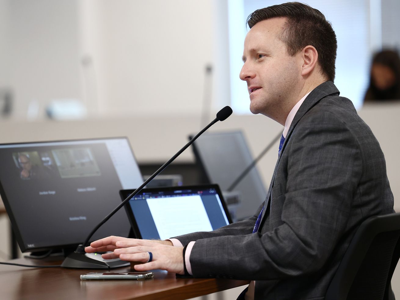 Rep. Brady Brammer, R-Highland discusses HB113 during a
House Judiciary Standing Committee at the Capitol in Salt Lake City
on Wednesday, Jan. 27, 2021. The bill would allow pregnant women to
seek payment of 50% of her out-of-pocket pregnancy and delivery
medical costs and insurance premiums from the biological father. If
paternity is disputed, he would owe not need to pay under the bill
until his paternity is established.