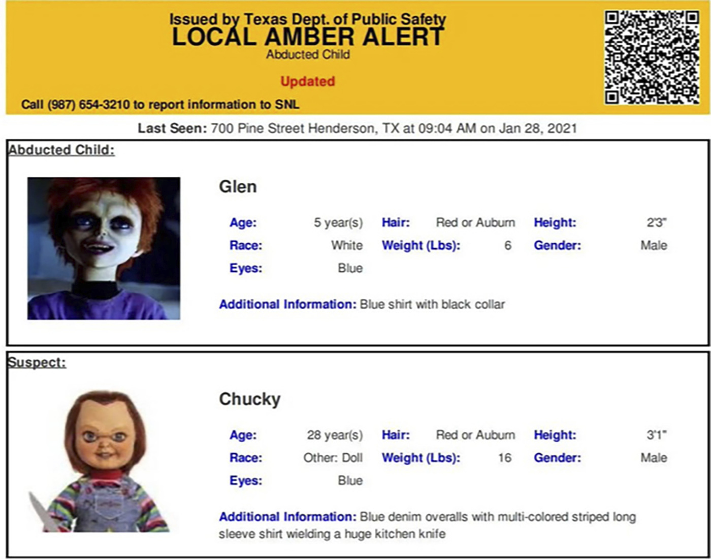 Not child's play: Chucky doll featured in errant Amber Alert