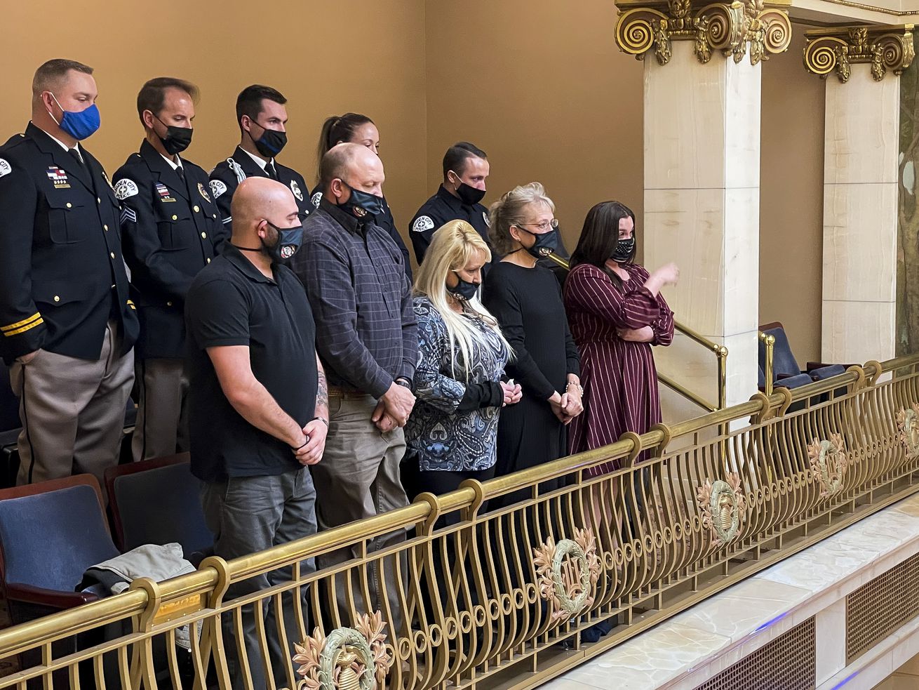 Family members and fellow crew members of fallen Ogden
officer Nathan Lyday are recognized in the Senate chamber on
Thursday, Feb. 4, 2021. Lyday was shot and killed in the line of
duty on May 28, 2020.
