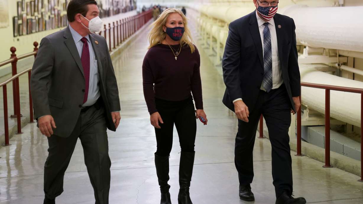 U.S. Representative Marjorie Taylor Greene, R-Ga., walks from her office to the U.S. Capitol prior to a vote in the U.S. House of Representives on a Democratic-backed resolution that would punish Taylor Greene for her incendiary remarks supporting violence against Democrats, on Capitol Hill in Washington, D.C., on Feb. 4, 2021.