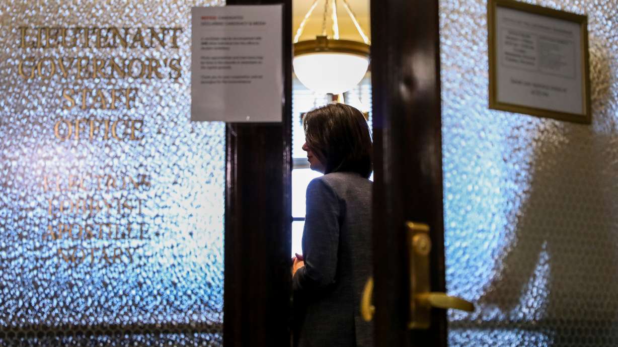 Sen. Deidre Henderson, R-Spanish Fork, files her candidacy for lieutenant governor at the state Capitol in Salt Lake City on Thursday, March 19, 2020. Henderson is joining Republican gubernatorial candidate Lt. Gov. Spencer Cox as his running mate.