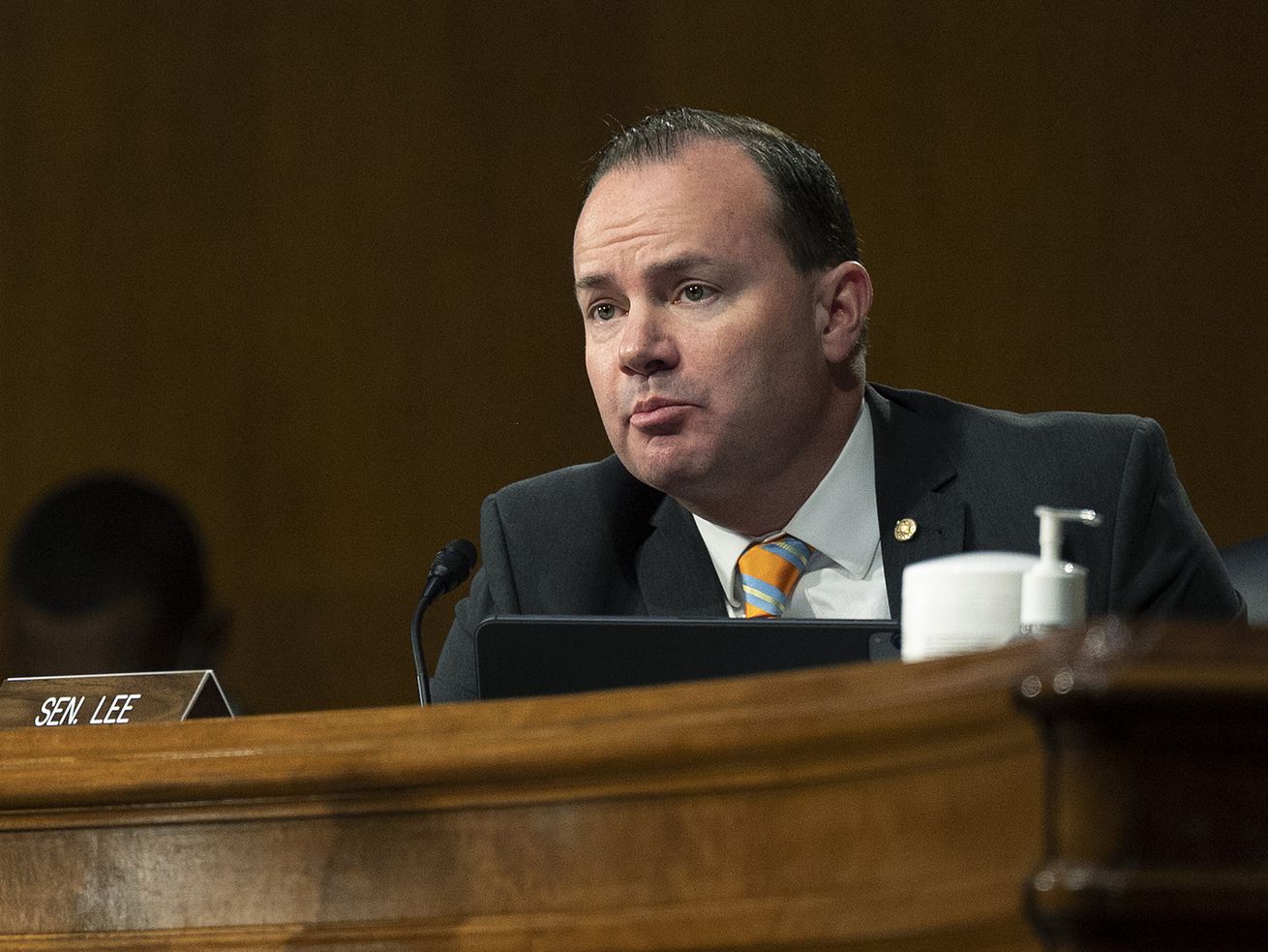 Sen. Mike Lee, R-Utah, questions former Gov. Jennifer
Granholm, D-Mich., as she testifies before the Senate Energy and
Natural Resources Committee during a hearing to examine her
nomination to be secretary of energy on Wednesday, Jan. 27, 2021,
on Capitol Hill in Washington.