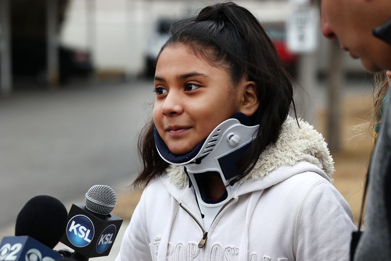 Jennifer Ramirez, 10, talks about being pulled out from
under a car that had just crashed through one end of the apartment
she shared with her sister and mother during an interview on
Friday, Feb. 5, 2021, in South Salt Lake.