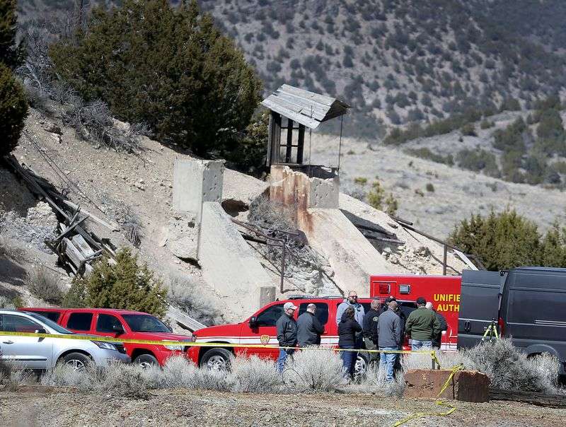 Law enforcement officials investigate near where two bodies were recovered 100 feet down an abandoned mine shaft outside Eureka, Juab County, on Wednesday, March 28, 2018. The two bodies, believed to be Riley Powell, 18, and Brelynne "Breezy” Otteson, 17,
were pulled out of the Tintic Standard Mine.