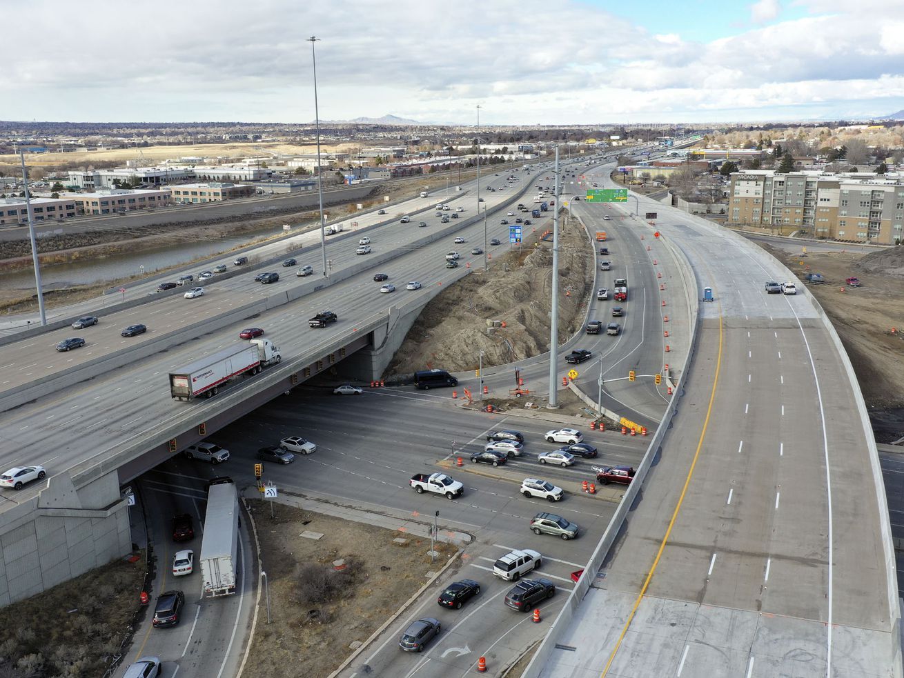 A new northbound I-15 ramp system near 9000 South,
aimed at improving access to I-215 and 7200 South, is under
construction in Sandy on Thursday, Feb. 4, 2021. Two-hour delays
are expected Sunday as crews finish the ramp project.