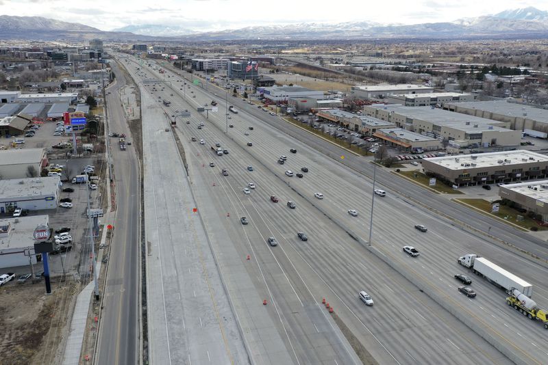A new northbound I-15 ramp system near 9000 South,
aimed at improving access to I-215 and 7200 South, is under
construction in Sandy on Thursday, Feb. 4, 2021. Two-hour delays
are expected Sunday as crews finish the ramp project.