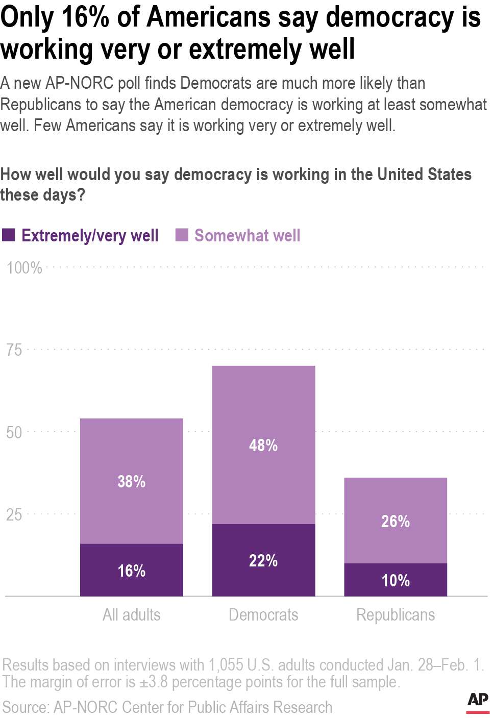 A new AP-NORC poll finds Democrats are much more likely than Republicans to say the American democracy is working at least somewhat well. Few Americans say it is working very or extremely well.