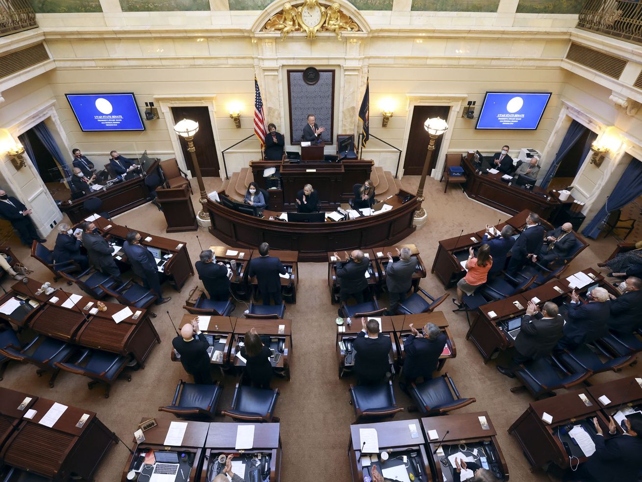 Senate President Stuart Adams, R-Layton, opens the Utah
Legislature’s 2021 general session in the Senate chamber at
the Capitol in Salt Lake City on Tuesday, Jan. 19, 2021.