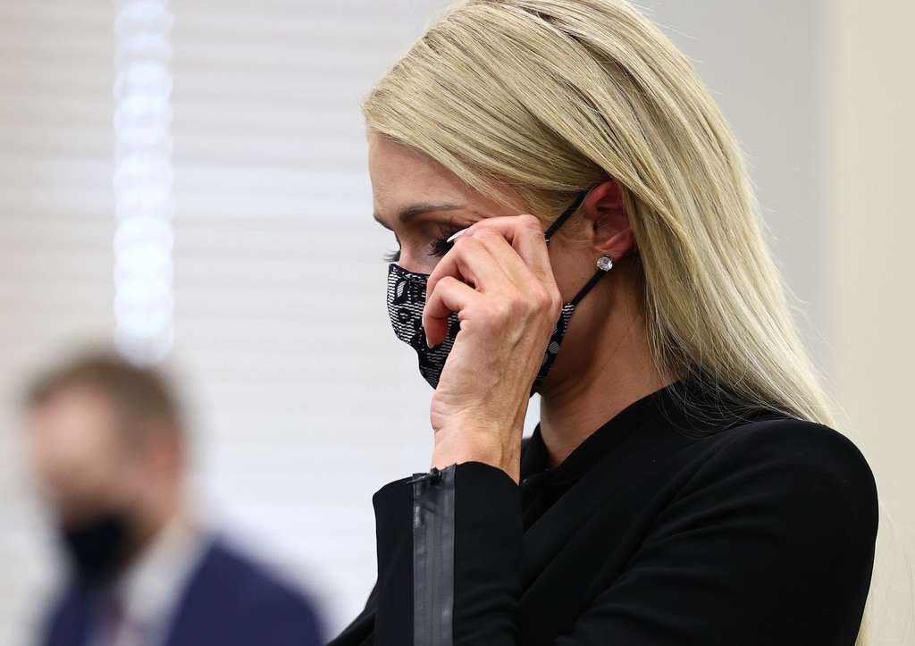 Paris Hilton, wipes tears away as she Caroline Lordon and Jeff Netto testify in the Senate Judiciary, Law Enforcement and Criminal Justice Committee at the Capitol in Salt Lake City on Monday, Feb. 8, 2021.