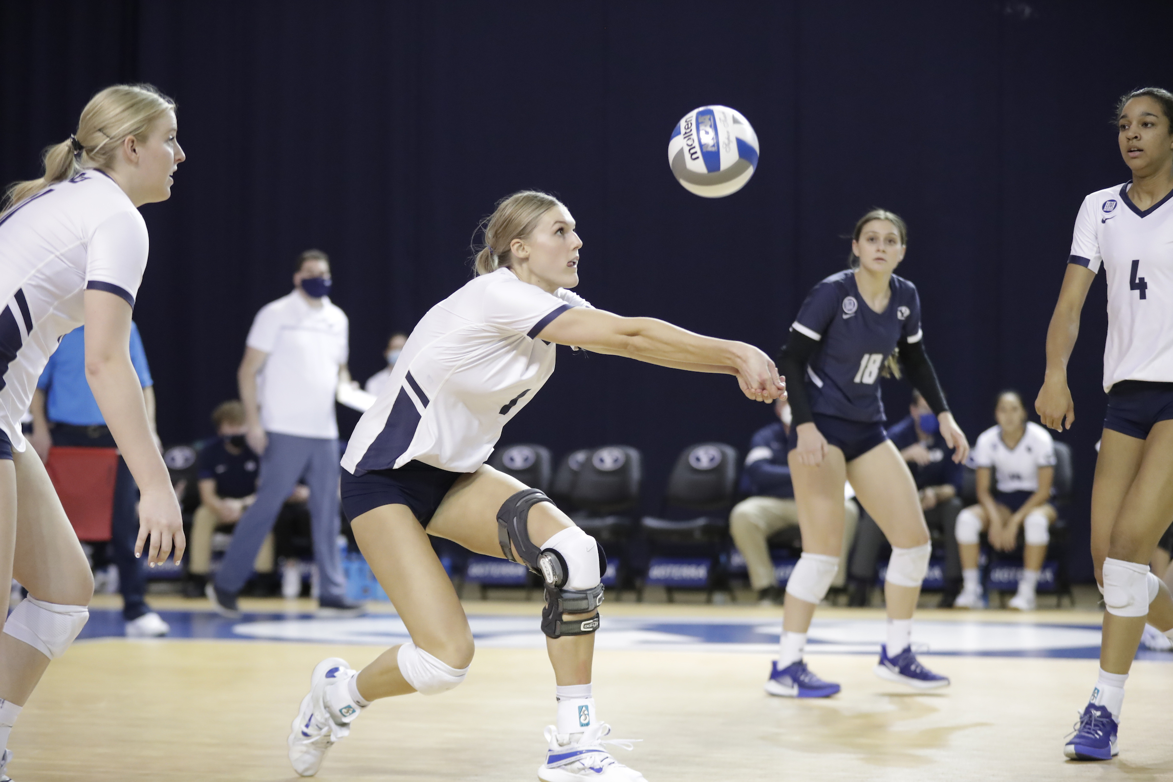 BYU outside hitter Taylen Ballard-Nixon goes for a dig against Gonzaga in the Cougars' home opener, Tuesday, Feb. 9, 2021 in Provo.