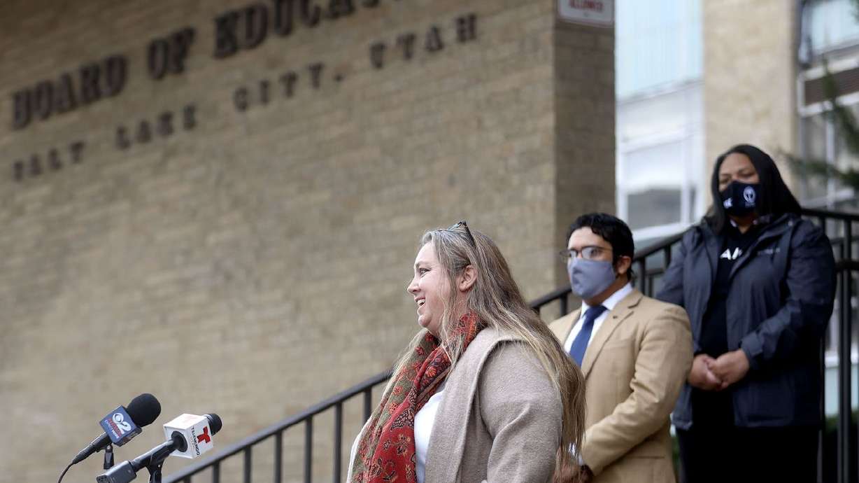 Salt Lake City School District Board of Education
President Melissa Ford speaks about new superintendent finalists at
a press conference outside the Salt Lake City School District
office building in Salt Lake City on Wednesday, Feb. 10, 2021.