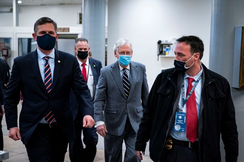 U.S. Senate Minority Leader Mitch McConnell (R-KY) arrives at the U.S. Senate for the second day of proceedings in the second impeachment trial of former U.S. President Donald Trump on charges of inciting the deadly attack on the U.S. Capitol, on Capitol Hill in Washington, U.S., February 10, 2021. REUTERS/Al Drago