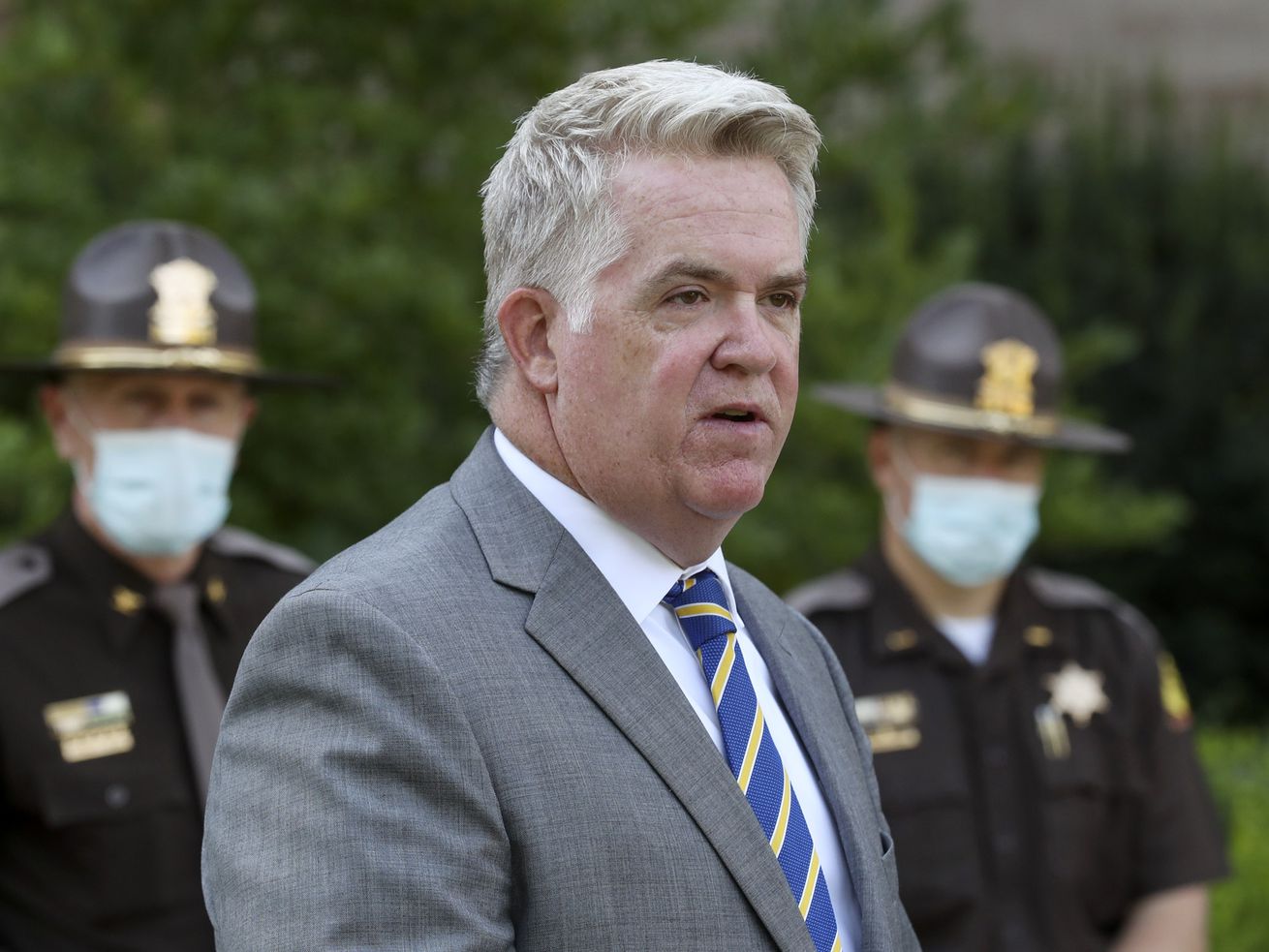 U.S. Attorney for Utah John W. Huber, center, discusses
a three-day drug interdiction operation in Tooele County by Utah
Highway Patrol troopers during a press conference at the Calvin
Rampton Complex in West Valley City on Wednesday, Aug. 19, 2020.
The effort resulted in 17 felony drug arrests and more than 550
pounds of raw marijuana seized.