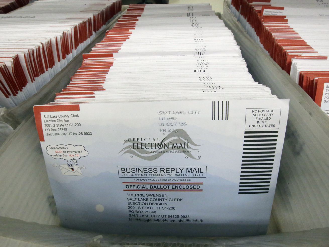 Mail-in ballots are shown at the Salt Lake County
Government Center in Salt Lake City in this Nov. 1, 2016, file
photo.