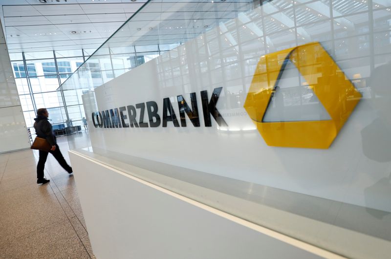 FILE PHOTO: A company logo is pictured at the headquarters of Germany's Commerzbank AG during the annual results news conference in Frankfurt, Germany, February 13, 2020.  REUTERS/Ralph Orlowski
