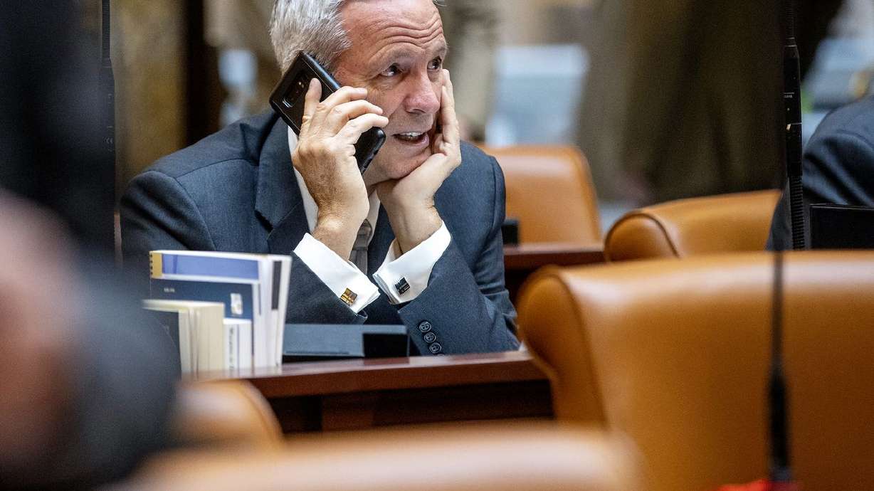 Rep. Kay J. Christofferson, R-Lehi, talks on the phone
prior to the 2020 Utah Legislature beginning at the state Capitol
in Salt Lake City on Monday, Jan. 27, 2020.