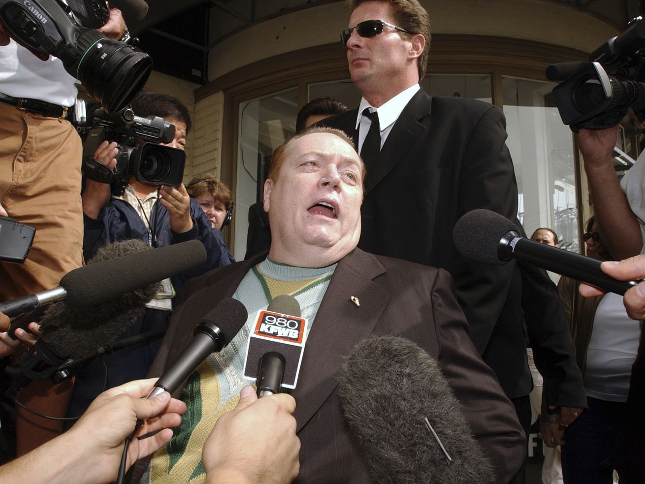 Hustler magazine founder and gubernatorial candidate
Larry Flynt talks to reporters as he arrives to cast his vote in a
recall election on Tuesday, Oct. 7, 2003, in West Hollywood, Calif.
Flynt, who turned "Hustler” magazine into an adult entertainment
empire while championing First Amendment rights, has died at age
78. His nephew, Jimmy Flynt Jr., told The Associated Press that
Flynt died Wednesday, Feb. 10, 2021, of heart failure at his
Hollywood Hills home in Los Angeles.
