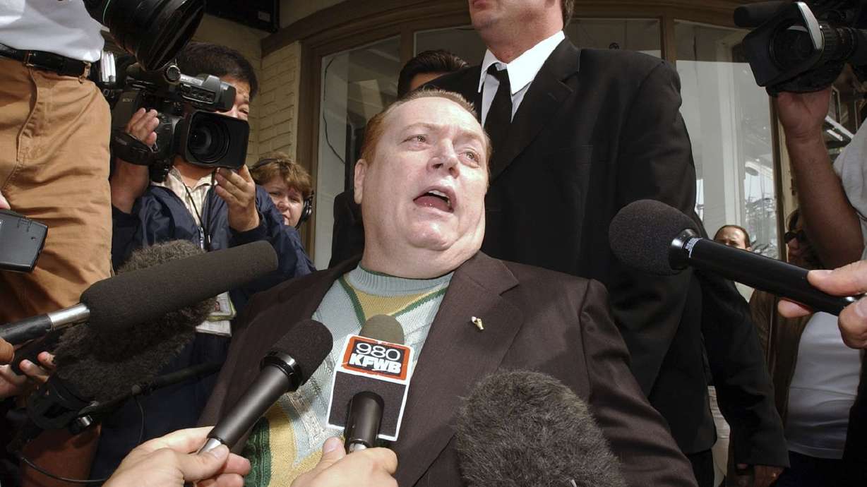 Hustler magazine founder and gubernatorial candidate
Larry Flynt talks to reporters as he arrives to cast his vote in a
recall election on Tuesday, Oct. 7, 2003, in West Hollywood, Calif.
Flynt, who turned "Hustler” magazine into an adult entertainment
empire while championing First Amendment rights, has died at age
78. His nephew, Jimmy Flynt Jr., told The Associated Press that
Flynt died Wednesday, Feb. 10, 2021, of heart failure at his
Hollywood Hills home in Los Angeles.