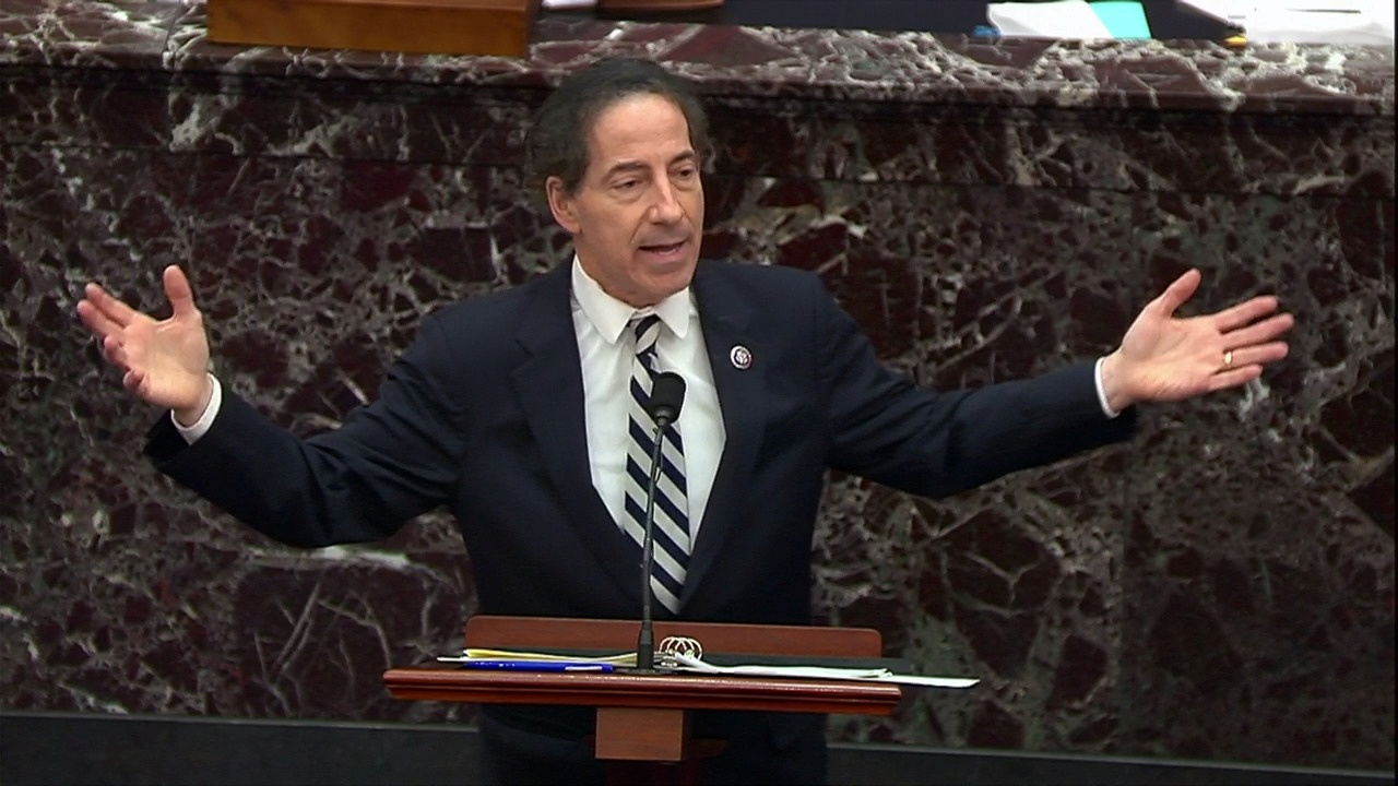 U.S. House lead impeachment manager Rep. Jamie Raskin, D-Md., pleads the impeachment managers' case in the impeachment trial of former U.S. President Donald Trump on charges of inciting the deadly attack on the U.S. Capitol, on the floor of the Senate chamber on Capitol Hill in Washington, D.C., on Feb. 11, 2021.
