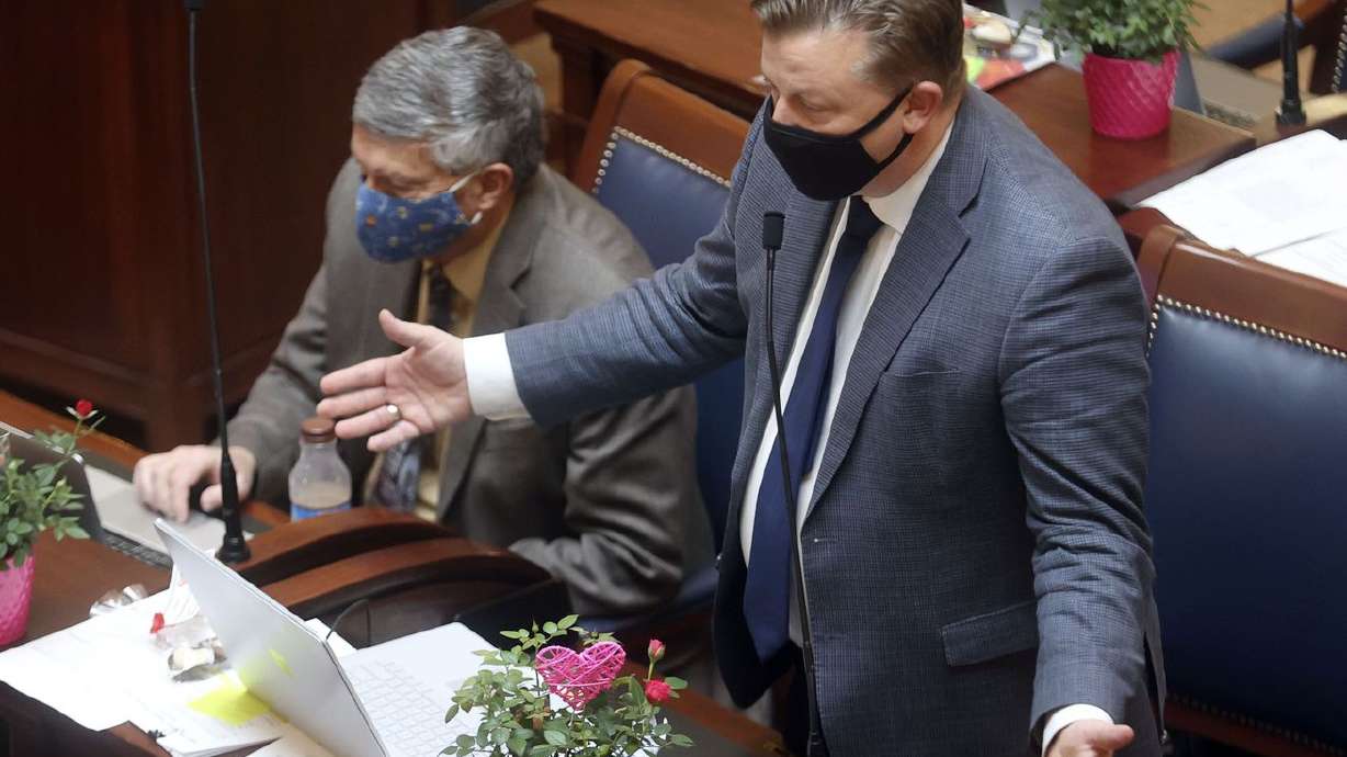 Sen. Todd Weiler, R-Woods Cross, discusses amendments
to SB107 in the Senate chamber at the Capitol in Salt Lake City on
Friday, Feb. 12, 2021. The language in Weiler’s bill
originally took aim at the Salt Lake City School District as the
only district that had not offered an in-person learning option at
the time. The language now focuses on requirements surrounding
"Test to Stay” protocols and thresholds.