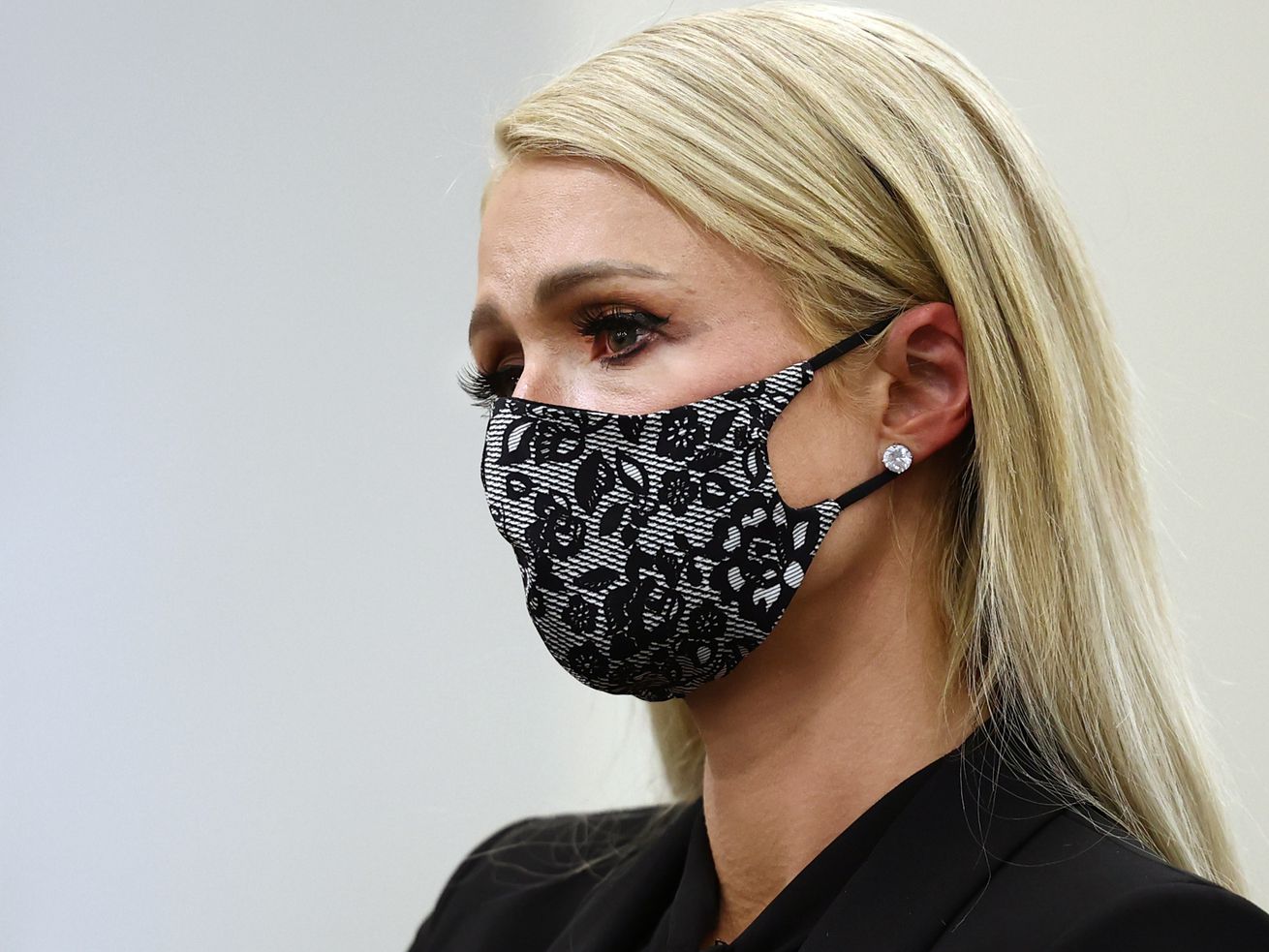 Paris Hilton shows some emotion as she testifies in the
Senate Judiciary, Law Enforcement and Criminal Justice Committee at
the Capitol in Salt Lake City for SB127 to better regulate centers
for troubled teens on Monday, Feb. 8, 2021.