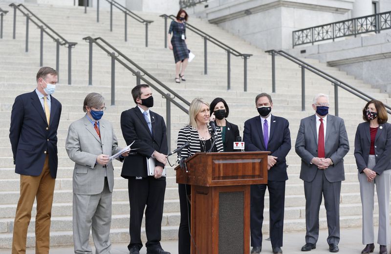 Rep. Melissa Garff Ballard, R-North Salt Lake, and
members of the bipartisan Clean Air Caucus discusses air quality
legislation and funding requests under consideration during the
Legislature’s 2021 general session at the Capitol in Salt Lake City
on Wednesday, Feb. 10, 2021.