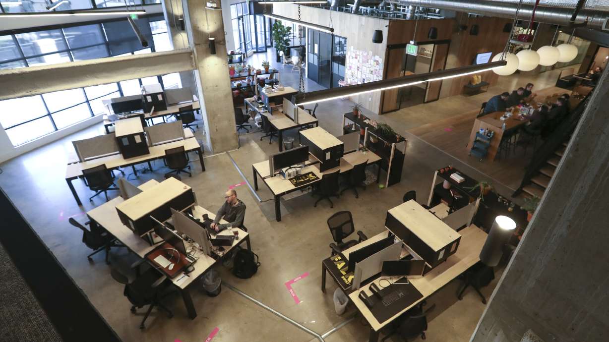 Clients eat lunch and work in their spaces at Kiln, a co-working community at The Gateway in Salt Lake City, on Monday, Feb. 8, 2021. Kiln provides flexible monthly memberships with access to an office environment for individuals, teams and companies.