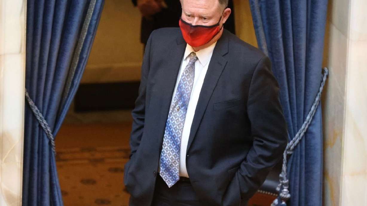 Senate Majority Leader Evan Vickers, R-Cedar City,
stands in the Senate chamber at the Capitol in Salt Lake City on
Tuesday, Feb. 16, 2021.