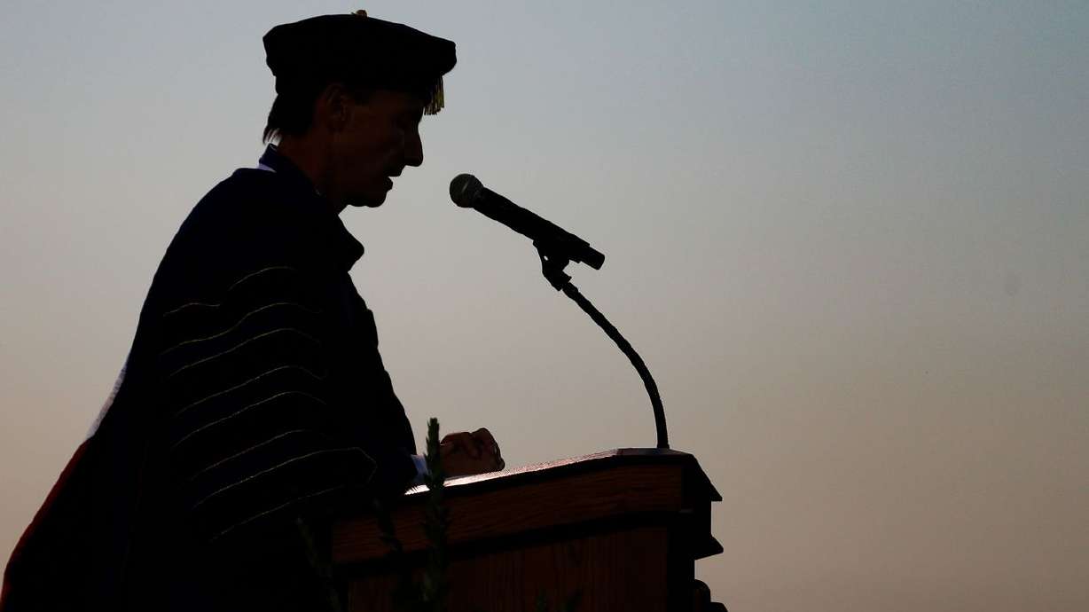 Weber State University President Brad L. Mortensen
delivers a speech during the spring and summer graduation
ceremonies at Stewart Stadium at Weber State University in Ogden on
Saturday, Aug. 29, 2020.