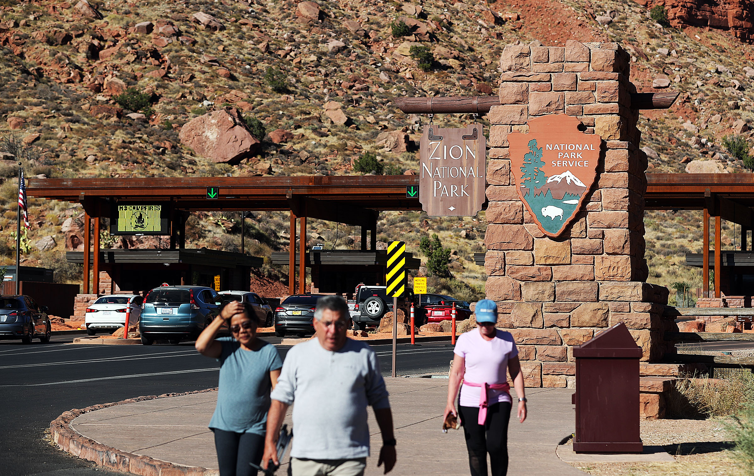 Vehicles enter Zion National Park on Oct. 14, 2020. Per preliminary National Park Service data, over 4.5 million have already visited the park in 2021 with two months of data remaining.