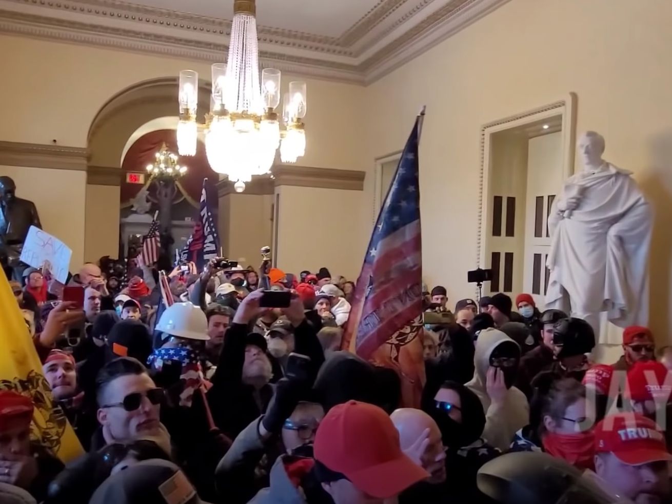 A still frame from video posted on YouTube by John
Sullivan shows rioters inside the U.S. Capitol in Washington, D.C.
on Jan. 6, 2021. Sullivan, a Utah man who faces federal criminal
charges for his alleged actions during the riot, sold the video of
the incursion to major news outlets for thousands of dollars,
according to new court documents.