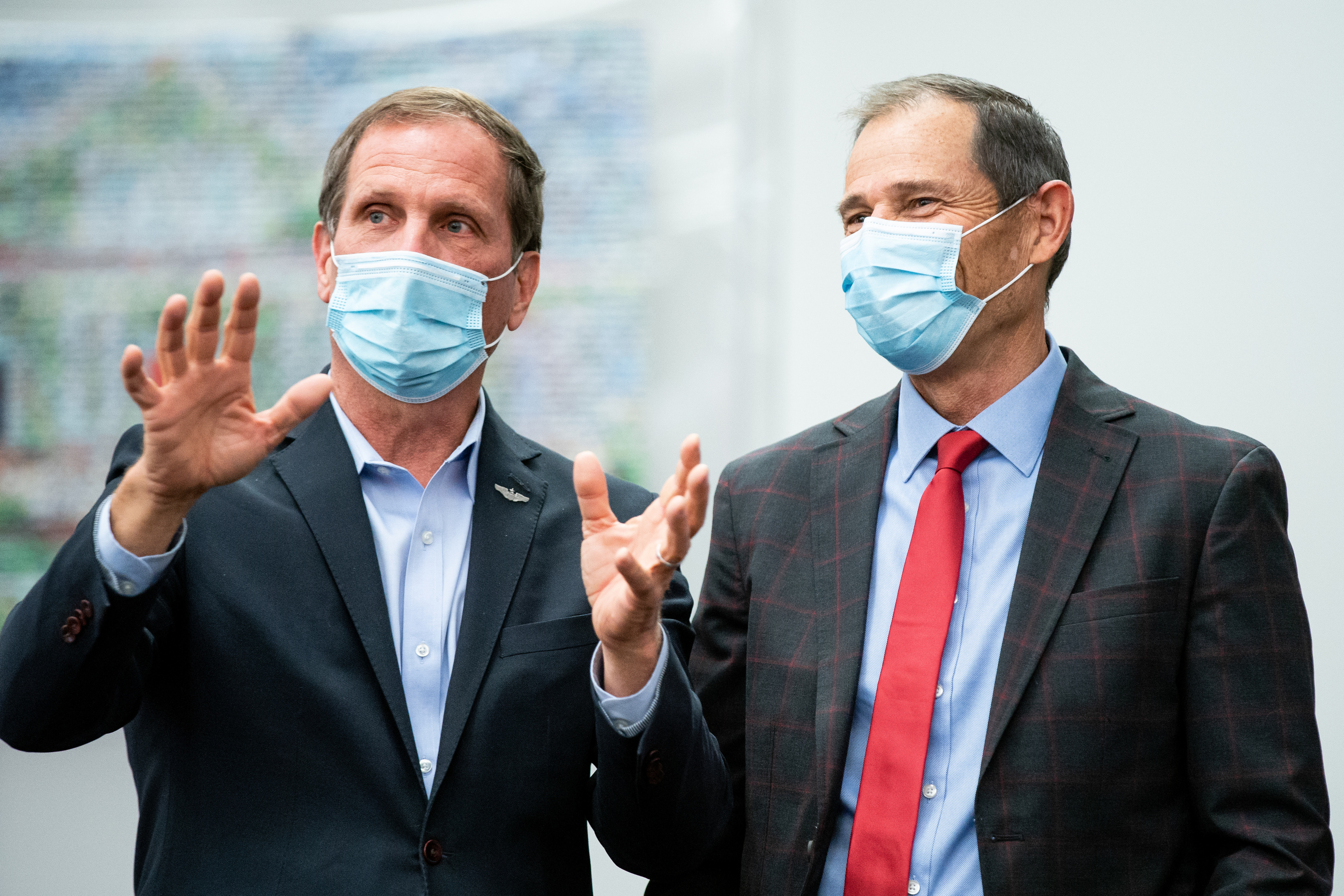Rep. Chris Stewart, R-Utah, who is in a race to hold onto his 2nd Congressional District Seat, and Rep. John Curtis, R-Utah, who will retain his 3rd Congressional District seat, chat during an election night event for Republican candidates in at the Utah Association of Realtors building in Sandy on Tuesday, Nov. 3, 2020.