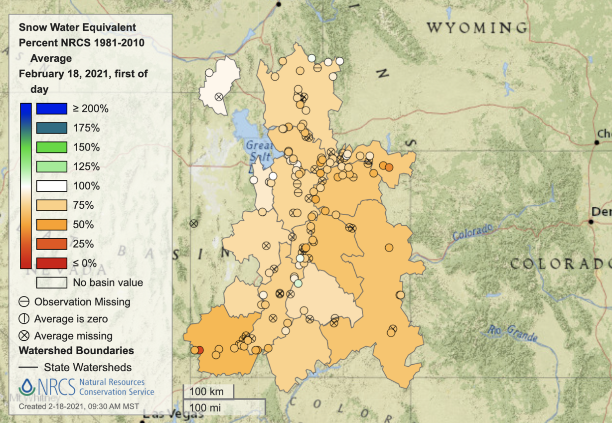 This map shows snowpack levels based on the percentage of normal at individual snowpack testing locations within Utah.