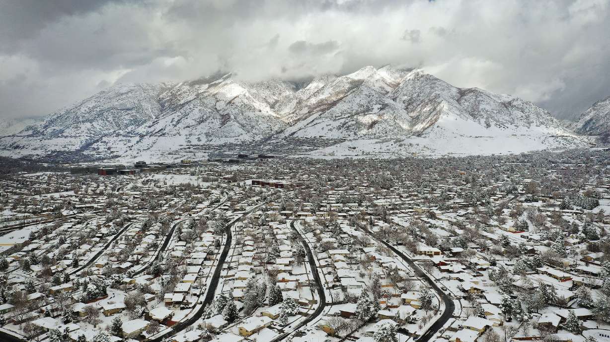 Snow covers the Salt Lake Valley and Wasatch Mountains on Wednesday, Feb. 17, 2021.