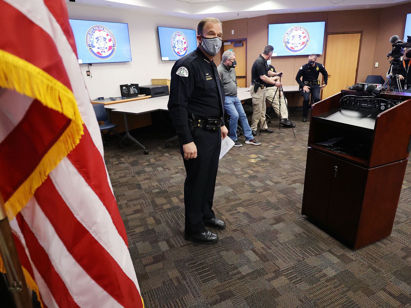 Ogden Police Chief Eric Young pauses after speaking
about a fatal shooting of a sexual assault suspect during a
briefing at the Francom Public Safety Building in Ogden on Sunday,
Feb. 7, 2021. On Thursday, police identified the man who was
killed.