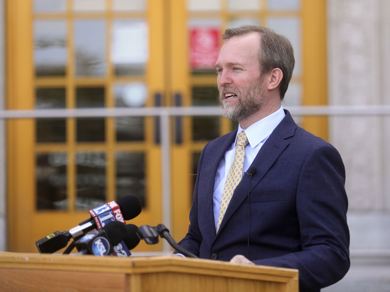Rep. Ben McAdams, D-Utah, talks a during a press
conference in front of Salt Lake Community College’s South City
Campus in Salt Lake City on Wednesday, May 6, 2020.