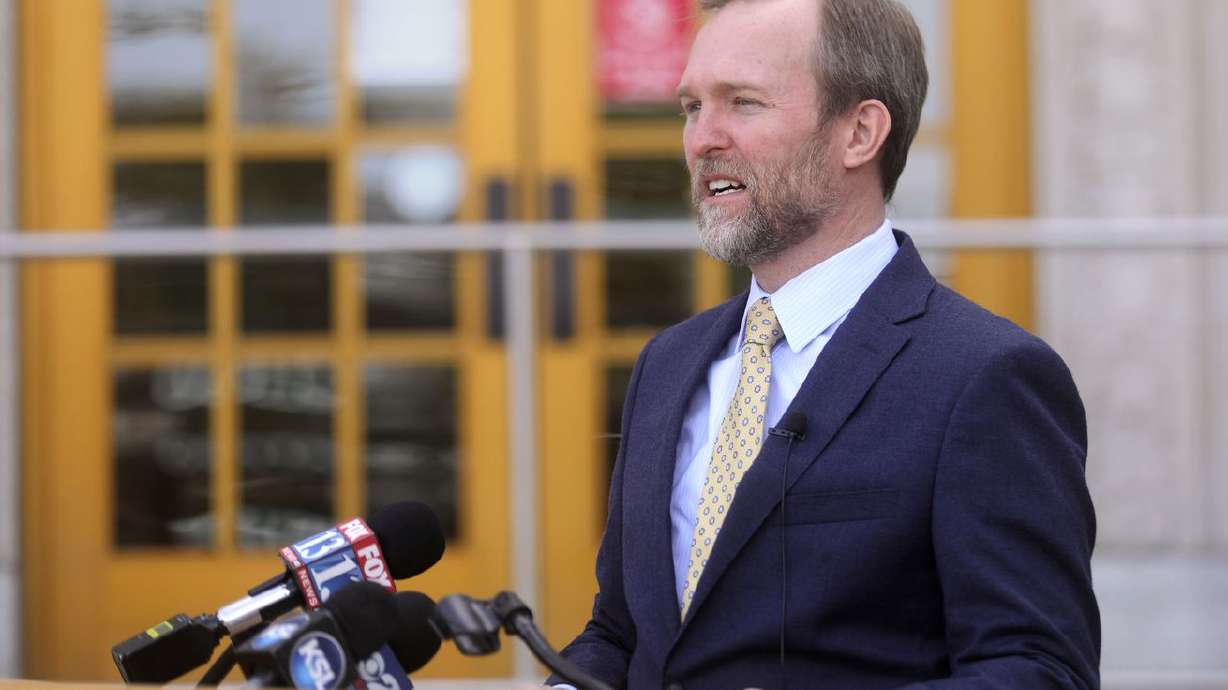 Rep. Ben McAdams, D-Utah, talks a during a press
conference in front of Salt Lake Community College’s South City
Campus in Salt Lake City on Wednesday, May 6, 2020.