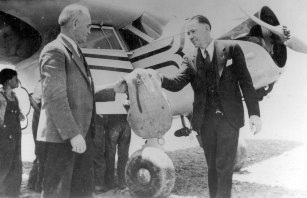 The first bag of airmail flown into St. George, Utah. The photo was believed to have been taken in 1940.
