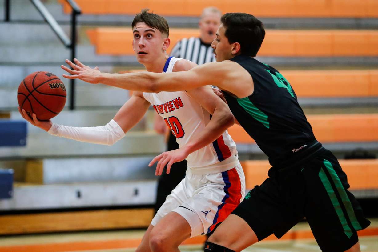 BYU signee Jake Wahlin, left, as Provo and Timpview compete in a high school basketball game at Timpview High School in Provo on Friday, Dec. 4, 2020.