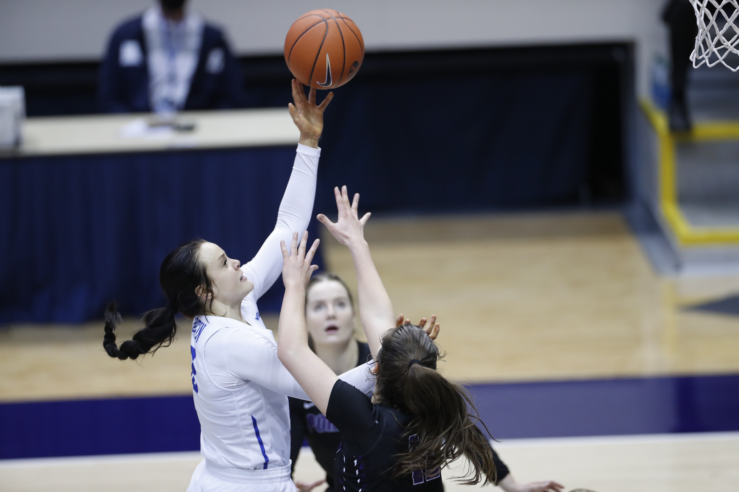 BYU forward Lauren Gustin puts up a shot against Portland during an NCAA women's basketball game, Saturday, Feb. 21, 2021 in Provo.