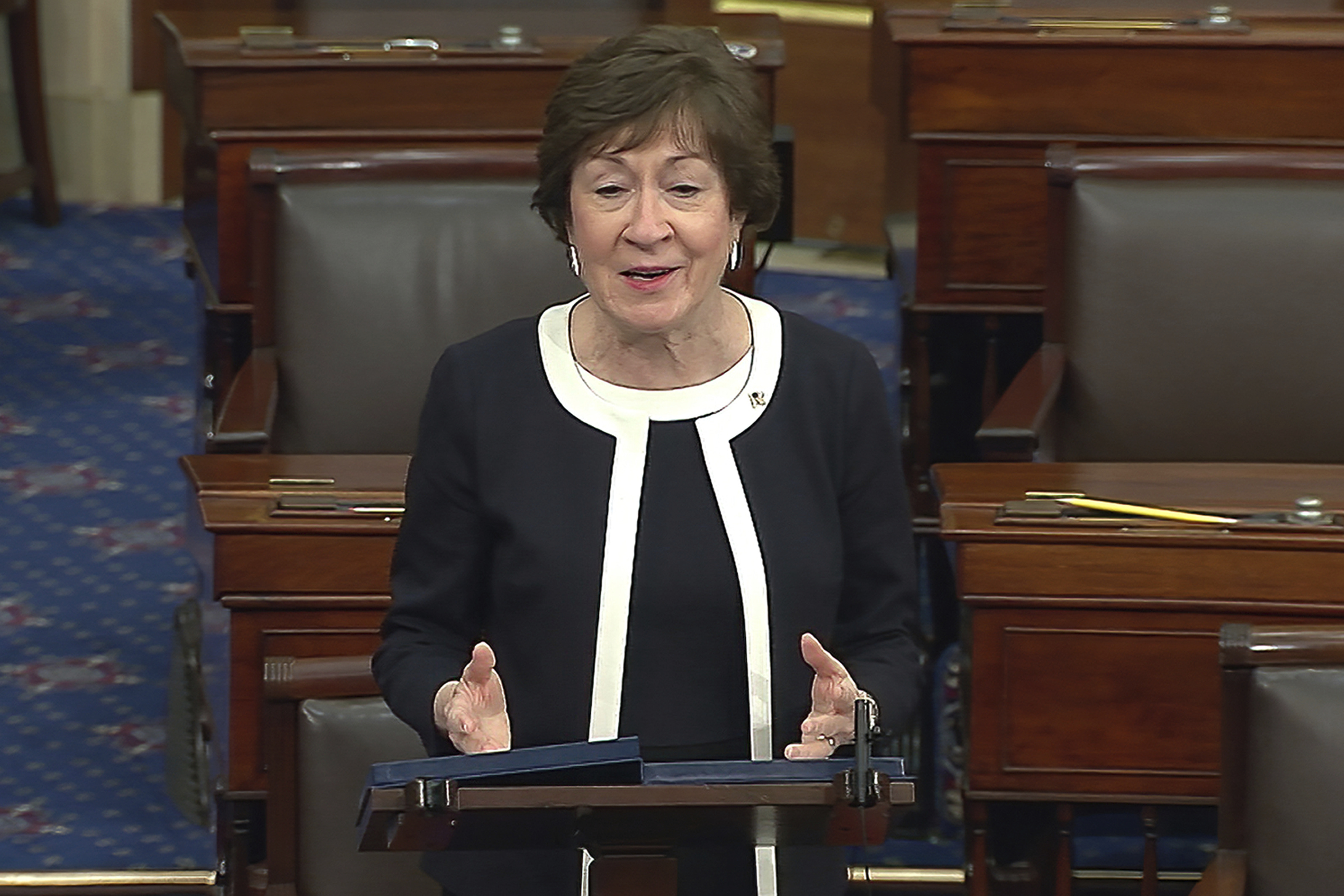 In this image from video, Sen. Susan Collins, R-Maine, speaks after the Senate acquitted former President Donald Trump in his second impeachment trial in the Senate at the U.S. Capitol in Washington, Saturday, Feb. 13, 2021. Trump was accused of inciting the Jan. 6 attack on the U.S. Capitol, and the acquittal gives him a historic second victory in the court of impeachment. (Senate Television via AP) [Feb-22-2021]