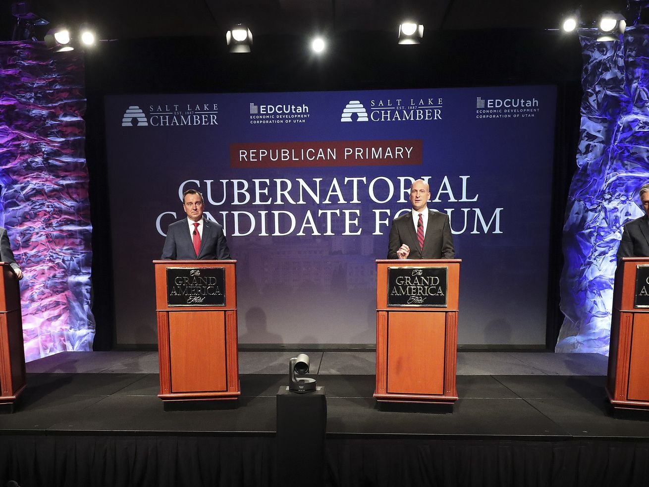 Then-Lt. Gov. Spencer Cox, left, former Utah House
Speaker Greg Hughes, former Utah GOP Chairman Thomas Wright and
former Gov. Jon Huntsman Jr. appear at a forum for Republican
primary gubernatorial candidates in Salt Lake City last May. A new
bill before the state Legislature takes aim at political parties’
nominating processes.