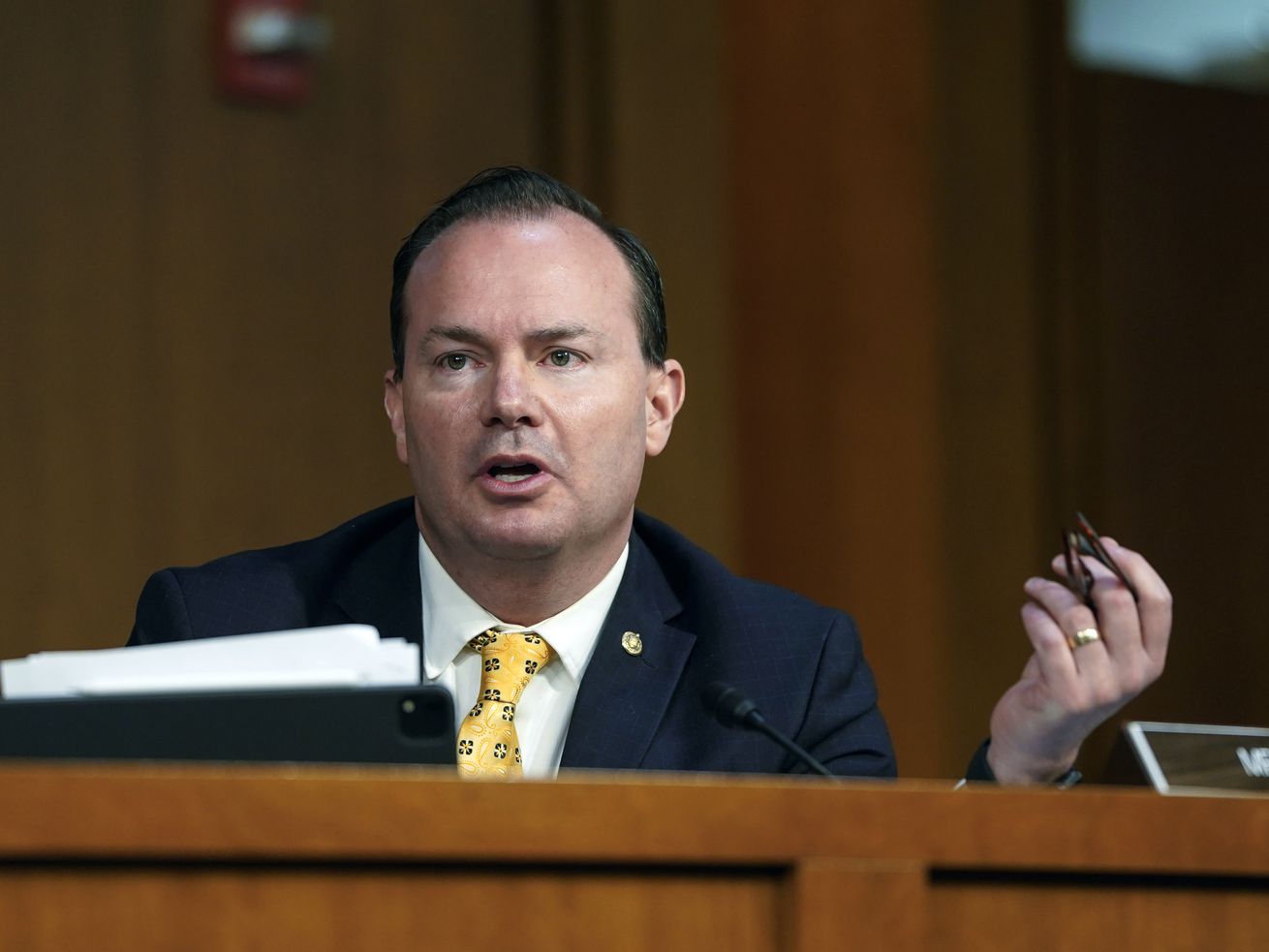 Sen. Mike Lee, R-Utah, speaks during a confirmation
hearing for Judge Merrick Garland, nominee to be attorney general,
before the Senate Judiciary Committee on Monday, Feb. 22, 2021 on
Capitol Hill in Washington.