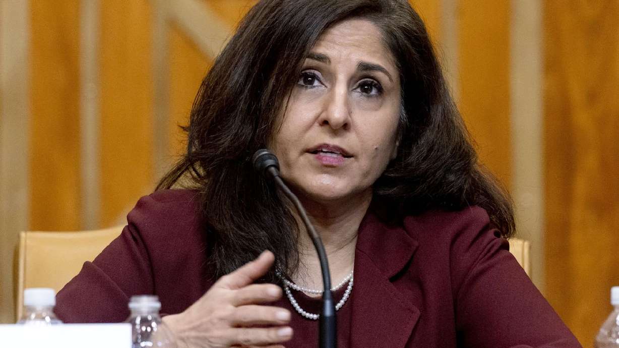 In this Feb. 10, 2021, file photo, Neera Tanden,
President Joe Biden’s nominee for Director of the Office of
Management and Budget, testifies during a Senate committee hearing
on Capitol Hill in Washington. Republican Sens. Mitt Romney, of
Utah, and Susan Collins, of Maine, say they’ll vote against
confirming Tanden.