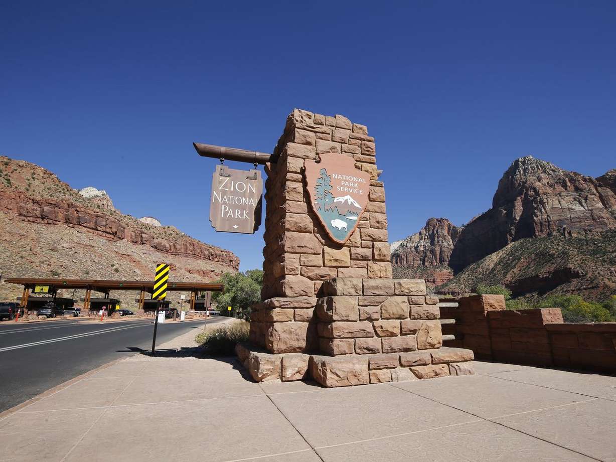An entrance to Zion National Park is pictured on
Wednesday, Oct. 14, 2020.