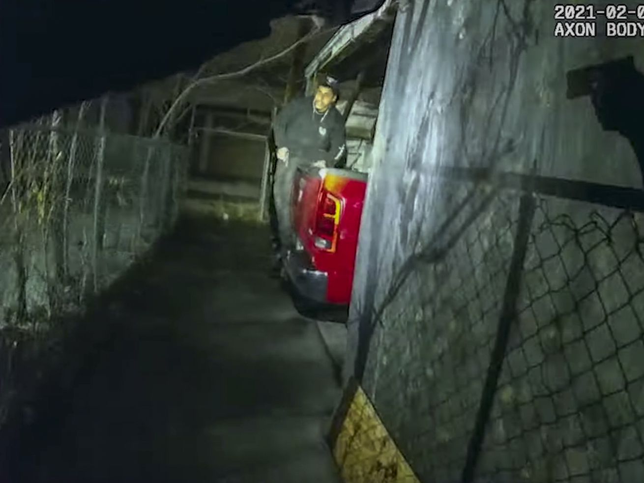 A still frame from body camera video released Tuesday,
Feb. 24, 2021, shows Dino Raul Morales, 28, with a gun in his hand
moments before Ogden police officers shot and killed him. Two
officers shot at least nine times on Feb. 6. The video shows he
refused to drop the loaded gun he was holding.